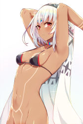 Rule 34 | 1girl, altera (fate), armpits, arms up, bikini, bikini top only, black bikini, bottomless, breasts, choker, commentary request, dark skin, dark-skinned female, fate/grand order, fate (series), from side, groin, highres, looking at viewer, looking to the side, mou tama maru, navel, out-of-frame censoring, parted lips, red eyes, short hair, small breasts, solo, sparkle, stomach, strap gap, swimsuit, upper body, veil, white choker, white hair