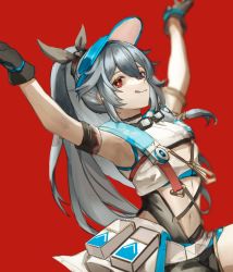 Rule 34 | 1girl, armpits, arms up, black gloves, blue headwear, blurry, blurry background, closed mouth, female focus, fu hua, fu hua (herrscher of sentience), gloves, grey hair, hair between eyes, highres, honkai (series), honkai impact 3rd, long hair, looking at viewer, navel, ponytail, qbird449, red background, simple background, sleeveless, smile, solo, summer uniform, tongue, tongue out