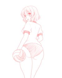 Rule 34 | 1girl, :o, ass, ball, blush, buruma, female focus, from behind, gym uniform, holding, holding ball, isaki (gomi), looking at viewer, mizuhashi parsee, monochrome, open mouth, pink theme, short hair, sketch, solo, thighs, touhou, volleyball (object)