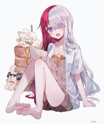 Rule 34 | 1girl, absurdres, artist name, barefoot, blush, breasts, brown shorts, collarbone, commentary request, eyes visible through hair, food, full body, hair down, hair over one eye, highres, long hair, medium breasts, multicolored hair, one piece, one piece film: red, open mouth, pancake, pancake stack, purple eyes, red hair, shirt, short sleeves, shorts, simple background, sitting, solo, split-color hair, two-tone hair, umemaro (siona0908), uta (one piece), white background, white hair, white shirt