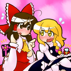 Rule 34 | 2girls, bare shoulders, blonde hair, blush, bow, brown eyes, brown hair, commentary request, flying sweatdrops, hair bow, hair tubes, hakurei reimu, hat, holding, kirisame marisa, long sleeves, looking at another, multiple girls, no nose, oily, open mouth, pink background, pink bow, pointing, puffy long sleeves, puffy sleeves, touhou, valentine, witch hat, yellow eyes, yuri