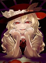Rule 34 | 1girl, blonde hair, brown hat, brown vest, collared shirt, commentary request, eyelashes, fedora, fork, frilled hat, frilled sleeves, frills, hands on own face, hat, hat feather, highres, jacket girl (dipp), jun harukawa, knife, long hair, long sleeves, looking at viewer, open mouth, red eyes, red ribbon, ribbon, shirt, table, touhou, vest, white shirt, wide sleeves
