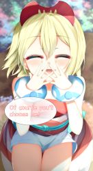 Rule 34 | 1girl, :d, ^ ^, aties20, blonde hair, blurry, blurry background, blush, breasts, closed eyes, commentary, creatures (company), depth of field, english commentary, english text, facing viewer, game freak, hair between eyes, hand to own mouth, hands up, highres, irida (pokemon), nintendo, open mouth, own hands together, pokemon, pokemon legends: arceus, red shirt, shirt, short shorts, shorts, small breasts, smile, solo, strapless, strapless shirt, white shorts