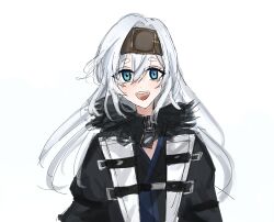 Rule 34 | 1girl, azur lane, black jacket, blue eyes, blush, bon homme richard (azur lane), commentary request, feather-trimmed jacket, hair between eyes, happy, headband, highres, jacket, long hair, open clothes, open jacket, smile, solo, teeth, upper body, upper teeth only, white hair