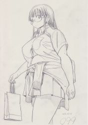 Rule 34 | 1girl, bag, breasts, buttons, clothes around waist, collared shirt, expressionless, fat, female focus, from below, glasses, graphite (medium), kobayakawa horan, large breasts, long hair, looking at viewer, monochrome, nekokami, original, plump, pocket, shirt, sketch, skirt, solo, sweater, sweater around waist, thighs, traditional media, very long hair