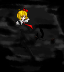Rule 34 | 1girl, blonde hair, blouse, darkness, hair ribbon, mousoumousoumousou, necktie, outstretched arms, red necktie, ribbon, rumia, shirt, short hair, skirt, smile, spread arms, touhou, vest
