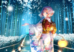 Rule 34 | 1girl, alternate costume, ark royal (kancolle), bad id, bad pixiv id, bamboo, bamboo forest, blue eyes, blush, bob cut, carnelian, floral print, flower, forest, hair flower, hair ornament, hairband, holding, holding lantern, japanese clothes, kantai collection, kimono, lantern, long sleeves, looking at viewer, looking back, nature, obi, outstretched arms, red hair, sash, short hair, smile, snow, solo, wide sleeves
