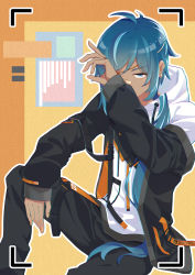 Rule 34 | 1boy, absurdres, bandaid, bandaid on face, bandaid on nose, blue eyes, blue hair, chen clear, chinese commentary, contemporary, genshin impact, highres, hood, hoodie, kaeya (genshin impact), looking at viewer, male focus, one eye covered, open hand, solo, white hoodie