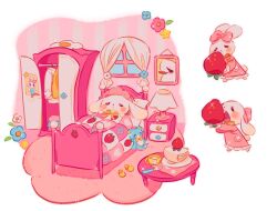 Rule 34 | animal, animal focus, bedroom, blue flower, blush stickers, bonnet, bow, buck teeth, cake, cake slice, closed eyes, closed mouth, closet, clothed animal, commentary, cup, curtains, drawer, dress, flower, food, frilled dress, frilled hat, frilled sleeves, frills, frown, fruit, hat, highres, holding, holding food, holding fruit, indoors, kerberos (kerbe ), lamp, long dress, long sleeves, lying, milk, multiple views, napkin, neck ribbon, nightgown, no humans, on back, open mouth, original, oversized food, oversized object, painting (object), pillow, pink bow, pink dress, pink flower, pink headwear, pink sleeves, plate, pocket, rabbit, ribbon, rug, simple background, sleeping, slippers, smile, sparkle, strawberry, strawberry shortcake, stuffed animal, stuffed toy, symbol-only commentary, table, teacup, teddy bear, teeth, under covers, unworn slippers, upper teeth only, white background, white flower, window, yellow footwear, yellow ribbon