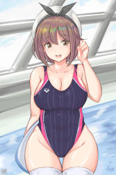 Rule 34 | 1girl, absurdres, alternate costume, atelier (series), atelier ryza, atelier ryza 1, bad id, bad pixiv id, beret, blue one-piece swimsuit, breasts, brown eyes, brown hair, cleavage, collarbone, commentary request, competition swimsuit, hat, highleg, highleg swimsuit, highres, large breasts, one-piece swimsuit, open mouth, pool, rei no pool, reisalin stout, short hair, solo, swimsuit, thighhighs, thighs, tong shui, water, white hat, white thighhighs