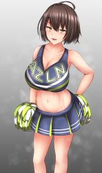 Rule 34 | 1girl, :d, ahoge, arm behind back, azur lane, baltimore (azur lane), bare legs, bare shoulders, blue shirt, blue skirt, blush, braid, breasts, brown hair, cheerleader, cleavage, clothes writing, collarbone, commentary request, cowboy shot, crop top, french braid, gradient background, grey background, hair between eyes, heavy breathing, highres, holding, holding pom poms, huge breasts, looking at viewer, midriff, miniskirt, navel, open mouth, pleated skirt, pom pom (cheerleading), pom poms, shirt, short hair, sidelocks, silver bullet (ecc12 8), skirt, sleeveless, sleeveless shirt, smile, solo, steam, sweat, taut clothes, taut shirt, yellow eyes