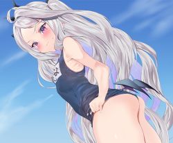 Rule 34 | 1girl, ass, bare shoulders, blue archive, blue one-piece swimsuit, blush, breasts, covered erect nipples, hina (blue archive), hina (swimsuit) (blue archive), horns, long hair, one-piece swimsuit, osanpo02, parted bangs, purple eyes, school swimsuit, silver hair, small breasts, solo, sweatdrop, swimsuit, wedgie, wings