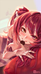 Rule 34 | 1girl, absurdres, breasts, candy, chocolate, chocolate heart, cleavage, food, hair ribbon, heart, heart in mouth, heterochromia, highres, hololive, houshou marine, medium breasts, naked ribbon, red eyes, red hair, red nails, red ribbon, ribbon, solo, virtual youtuber, wuest, yellow eyes