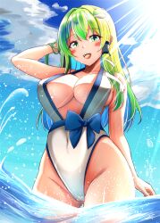 Rule 34 | 1girl, adapted costume, blue sky, blush, breasts, cloud, cloudy sky, day, frog hair ornament, green eyes, green hair, hair ornament, hair tubes, kochiya sanae, large breasts, leon no neko, long hair, looking at viewer, ocean, one-piece swimsuit, open mouth, outdoors, sky, smile, snake hair ornament, solo, sunlight, swimsuit, touhou, water, white one-piece swimsuit