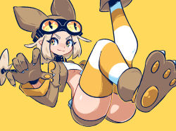 Rule 34 | 1girl, 3rf, :3, animal ear headwear, animal ears, animal hands, belt, black choker, bob cut, boots, breasts, brown footwear, brown gloves, brown hair, brown hat, brown jacket, brown shorts, choker, claws, closed mouth, commentary, crop top, disgaea, english commentary, fake animal ears, gloves, goggles, goggles on headwear, grey belt, hat, jacket, leaning back, leg up, light brown hair, long sleeves, looking afar, looking to the side, medium breasts, no bra, paw gloves, paw shoes, shirt, short hair, short shorts, shorts, simple background, slit pupils, smile, solo, striped clothes, striped thighhighs, thief (disgaea), thighhighs, underboob, v-shaped eyebrows, white shirt, white thighhighs, yellow background, yellow thighhighs