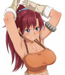 Rule 34 | 10s, 1girl, angry, armlet, armpits, arms up, bare shoulders, bellows (suisei no gargantia), blue eyes, blush, breasts, cleavage, clenched teeth, earrings, female focus, gloves, hoop earrings, jewelry, large breasts, long hair, looking away, ponytail, raised eyebrows, red hair, shiny skin, simple background, solo, strapless, suisei no gargantia, teeth, tenchisouha, tube top, upper body, white background
