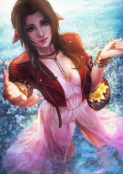 Rule 34 | 1girl, absurdres, aerith gainsborough, backlighting, blue eyes, bow, bracelet, breasts, choker, cleavage, commentary, cropped jacket, downblouse, dress, english commentary, final fantasy, final fantasy vii, final fantasy vii remake, flower, flower basket, highres, jacket, jewelry, lips, long dress, looking at viewer, monori rogue, nose, outstretched hand, pink bow, pink dress, red jacket, ribbon choker, small breasts, solo, standing, tri drills, wading, water