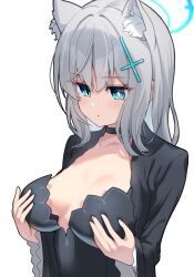 Rule 34 | 1girl, animal ear fluff, animal ears, aqua eyes, black choker, black dress, blue archive, breasts, choker, cross hair ornament, dress, grey hair, hair ornament, halo, hands on own breasts, long hair, long sleeves, mismatched pupils, oversized clothes, shiroko (blue archive), shiroko terror (blue archive), simple background, small breasts, solo, upper body, ushimittsu, white background