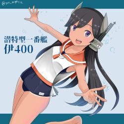 Rule 34 | 1girl, :d, armpits, black hair, blouse, blue one-piece swimsuit, collarbone, commentary request, headgear, hebitsukai-san, highres, i-400 (kancolle), kantai collection, long hair, looking at viewer, one-piece swimsuit, open mouth, outstretched arms, purple eyes, sailor collar, school swimsuit, shirt, sleeveless, sleeveless shirt, smile, solo, spread arms, standing, standing on one leg, swimsuit, swimsuit under clothes, tan, tanline, white shirt