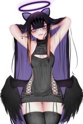 Rule 34 | 1girl, absurdres, black dress, black hair, black thighhighs, black wings, colored inner hair, dress, glasses, halo, highres, hololive, hololive english, long hair, looking at viewer, mole, mole under eye, multicolored hair, ninomae ina&#039;nis, open mouth, pointy ears, purple hair, sleeveless, sleeveless dress, sleeveless turtleneck dress, soju ice, solo, teeth, thighhighs, thighs, turtleneck, turtleneck dress, virtual youtuber, white background, wings
