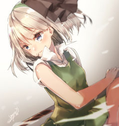 Rule 34 | 1girl, adapted costume, alternate hair color, bad id, bad pixiv id, blue eyes, breasts, collared shirt, dated, gradient background, green skirt, green vest, grey background, hairband, konpaku youmu, looking afar, serious, sheath, shirt, short sleeves, signature, skirt, small breasts, solo, sword, touhou, unsheathing, varyu, vest, weapon, white background, wind