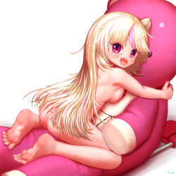 Rule 34 | 1girl, :d, ashley taylor, ass, blonde hair, blush, commentary request, fang, feet, highres, long hair, looking at viewer, magia record: mahou shoujo madoka magica gaiden, mahou shoujo madoka magica, nanami nanao, nude, one side up, open mouth, red eyes, shiny skin, smile, soles, solo, stuffed animal, stuffed toy, teddy bear, thighhighs, very long hair