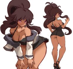 Rule 34 | 1girl, back, big hair, black dress, black jacket, breasts, brown hair, cleavage, collarbone, cropped jacket, dress, hands on own knees, heart, heart necklace, high heels, highres, jacket, jewelry, large breasts, leaning forward, looking at viewer, multiple views, necklace, open clothes, open jacket, original, ponytail, purple eyes, rakeemspoon, shaded face, short dress, sketch, smile, solo, teeth, thick thighs, thighs, white background