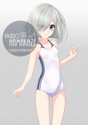 Rule 34 | 1girl, alternate breast size, artist name, blue eyes, blush, character name, checkered background, collarbone, commentary request, competition swimsuit, cowboy shot, eyes visible through hair, flat chest, gradient background, grey background, hair between eyes, hair ornament, hair over one eye, hairclip, hamakaze (kancolle), highres, inaba shiki, kantai collection, looking at viewer, multicolored clothes, multicolored swimsuit, one-hour drawing challenge, one-piece swimsuit, short hair, silver hair, smile, solo, standing, striped clothes, striped one-piece swimsuit, swimsuit, vertical-striped clothes, vertical-striped one-piece swimsuit, white one-piece swimsuit