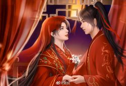 Rule 34 | 1boy, 1girl, bride, brown hair, chinese clothes, couple, curtains, doupo cangqiong, dress, eye contact, groom, hetero, highres, holding hands, indoors, lantern, long hair, long sleeves, looking at another, night, night sky, paper lantern, ponytail, railing, red dress, second-party source, sky, sky lantern, upper body, veil, wedding, wedding dress, wide sleeves, yun yun (doupo cangqiong), zai ni er bian bie zhi hua