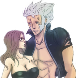 Rule 34 | 1boy, 1girl, bare shoulders, breasts, brown hair, cleavage, elfman strauss, evergreen (fairy tail), fairy tail, glasses, grayinblack, grey eyes, grey hair, jacket, long hair, short hair, torn clothes
