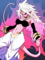 Rule 34 | 1girl, android 21, aura, baggy pants, bangle, bare shoulders, black sclera, bracelet, breasts, cleavage, colored sclera, colored skin, come at me bro, commentary request, detached sleeves, dragon ball, dragon ball fighterz, earrings, evil grin, evil smile, grin, harem pants, highres, hoop earrings, jewelry, jin (mugenjin), long eyebrows, long hair, majin android 21, medium breasts, midriff, nail polish, navel, neck ribbon, outstretched arms, pants, pink skin, pointy ears, red eyes, ribbon, smile, solo, spoilers, strapless, tail, toned, tube top, white hair
