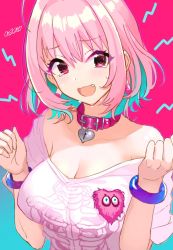 Rule 34 | 1girl, ahoge, ashita (2010), badge, blouse, blue hair, blush, bracelet, breasts, cleavage, collar, collarbone, earrings, fang, heart, heart-shaped lock, heart on chest, idolmaster, idolmaster cinderella girls, jewelry, large breasts, looking at viewer, multicolored hair, nervous smile, no bra, open mouth, oversized clothes, oversized shirt, pill earrings, pink collar, pink eyes, pink hair, pink shirt, shirt, short hair, short sleeves, signature, skeleton print, smile, solo, sweat, t-shirt, two-tone background, two-tone hair, yumemi riamu