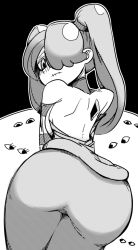 Rule 34 | 1girl, 2014, ass, bare shoulders, detached collar, detached sleeves, dress, greyscale, hair over one eye, inarou (rakugakiproject), long hair, long sleeves, looking back, monochrome, open mouth, simple background, skirt, skullgirls, sleeves past wrists, solo, squigly (skullgirls), stitched mouth, stitches, striped, white background, zombie
