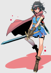 Rule 34 | 1girl, black hair, breasts, cape, circlet, cosplay, dragon quest, dragon quest iii, full body, gloves, original, pink eyes, roto (cosplay), roto (dq3), short hair, simple background, small breasts, solo, standing, standing on one leg, sword, tajima ryuushi, weapon