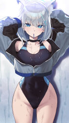 Rule 34 | 1girl, absurdres, adjusting hair, animal ear fluff, animal ears, black choker, blue archive, blue eyes, blue halo, blush, breasts, choker, closed mouth, cowboy shot, cross hair ornament, extra ears, grey hair, grey jacket, hair between eyes, hair ornament, halo, hands in hair, highres, jacket, kazane-wind, long sleeves, looking at viewer, medium breasts, medium hair, mismatched pupils, official alternate costume, partially unzipped, shiroko (blue archive), shiroko (swimsuit) (blue archive), solo, swimsuit, wet, wet clothes, wet swimsuit, wolf ears