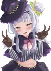Rule 34 | 1girl, bent v, black capelet, black hat, black skirt, blush, bow, bowtie, brown gloves, capelet, commentary request, cropped shirt, double v, gloves, grey hair, grey shirt, hair bun, hands up, hat, heart, heart-shaped pupils, highres, hololive, long hair, long sleeves, looking at viewer, midriff, murasaki shion, murasaki shion (1st costume), navel, open mouth, orange eyes, pink bow, pink bowtie, pinstripe pattern, pinstripe shirt, ponono desu, shirt, sidelocks, simple background, single side bun, skirt, solo, striped clothes, striped shirt, symbol-shaped pupils, tearing up, tears, tilted headwear, tongue, tongue out, v, vertical-striped clothes, vertical-striped shirt, virtual youtuber, white background, witch hat