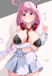 Rule 34 | 1girl, absurdres, blue archive, blush, breasts, closed mouth, collarbone, cowboy shot, eimi (blue archive), headphones, headphones around neck, highres, large breasts, long hair, looking at viewer, navel, necktie, pink eyes, pink hair, pleated skirt, ponytail, red necktie, skirt, solo, white skirt, zino zinuo