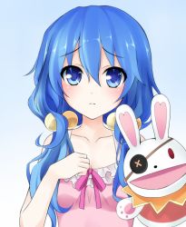 Rule 34 | 10s, 1girl, bad id, bad pixiv id, blue eyes, blue hair, date a live, eyepatch, gradient background, hair bobbles, hair ornament, hand puppet, looking at viewer, matching hair/eyes, open mouth, puppet, qiuzhi huiyi, rabbit, solo, stuffed animal, stuffed rabbit, stuffed toy, swimsuit, yoshino (date a live), yoshinon