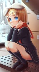 Rule 34 | 1girl, absurdres, black legwear, blonde hair, blue eyes, blush, child, closed mouth, dkoro, full body, hair ornament, hair ribbon, hairclip, highres, kagamine rin, long sleeves, looking at viewer, plant, ribbon, scarf, shoes, skirt, snow, solo, squatting, tree, vocaloid, winter