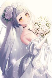 Rule 34 | 1girl, bare shoulders, blue hair, blush, bouquet, breasts, bridal veil, choker, cleavage, commentary, cowboy shot, dress, expressionless, flower, girls&#039; frontline, gloves, hair flower, hair ornament, highres, holding, holding bouquet, jewelry, kimi (jxrm5387), looking at viewer, medium breasts, mouth hold, necklace, official alternate costume, short hair, simple background, solo, veil, wedding dress, white dress, white gloves, yellow eyes, zas m21 (affections behind the bouquet) (girls&#039; frontline), zas m21 (girls&#039; frontline)