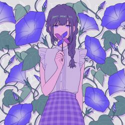 Rule 34 | 1girl, absurdres, blue flower, braid, braided ponytail, covered mouth, covering own mouth, cowboy shot, flower, highres, leaf, long hair, looking at viewer, morning glory, original, pinwheel, plaid, plaid skirt, plant, purple eyes, purple skirt, shadow, shi oo, shirt, shirt tucked in, skirt, sleeveless, sleeveless shirt, solo, vines, white shirt
