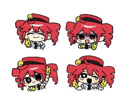 Rule 34 | 1girl, ^ ^, arm up, black necktie, breast pocket, chibi, chiikawa four expressions (meme), closed eyes, closed mouth, collared shirt, diamond-shaped pupils, diamond (shape), double v, drill hair, gloves, hand up, hands up, hat, itomaki (itoma 11010), kasane teto, kasane teto (sv), looking at viewer, meme, mesmerizer (vocaloid), multiple views, necktie, nervous sweating, one eye closed, open mouth, pocket, red hair, red hat, shaded face, shirt, short hair, short sleeves, sweat, symbol-shaped pupils, tearing up, twin drills, v, yellow gloves