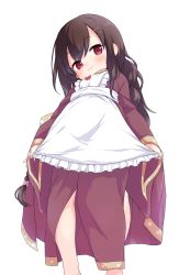 Rule 34 | 1girl, apron, blush, brown hair, brown kimono, closed mouth, commentary request, copyright request, done (donezumi), feet out of frame, frilled apron, frills, hair ornament, hairclip, head tilt, highres, japanese clothes, kimono, leaning back, long hair, long sleeves, maid apron, red eyes, simple background, smile, solo, standing, very long hair, white apron, white background, wide sleeves