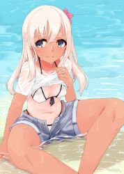 Rule 34 | 1girl, alakoala, alternate costume, bare legs, beach, bikini, bikini under clothes, blonde hair, blue eyes, blush, breasts, clothes lift, commentary request, flower, hair flower, hair ornament, highres, jewelry, kantai collection, long hair, looking at viewer, medium breasts, navel, one-piece tan, ring, ro-500 (kancolle), see-through, shirt lift, short shorts, short sleeves, shorts, sitting, solo, swimsuit, swimsuit under clothes, tan, tanline, water, wedding band, wet, white bikini