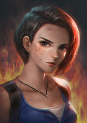 Rule 34 | 1girl, asymmetrical hair, bare shoulders, blue shirt, breasts, brown eyes, brown hair, collarbone, dirty, dirty face, fiery background, fire, highres, jewelry, jill valentine, kacheong, lips, looking at viewer, medium breasts, necklace, portrait, resident evil, resident evil 3, resident evil 3: nemesis, resident evil 3 (remake), shirt, short hair, sleeveless, sleeveless shirt, solo, undershirt, white shirt