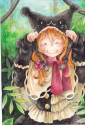 Rule 34 | 1girl, :3, alternate costume, animal hat, arms up, asymmetrical clothes, blonde hair, capelet, cat hat, dress, closed eyes, female focus, flower, forest, grin, hair ornament, hand on headwear, hat, kirisame marisa, lace, leaf, long hair, long sleeves, mosho, nature, perfect cherry blossom, red scarf, scarf, signature, smile, solo, touhou, traditional media