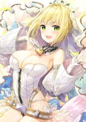 Rule 34 | 10s, 1girl, :d, bare shoulders, belt, belt buckle, blonde hair, blush, breasts, bridal veil, buckle, chain, cleavage, collar, contrapposto, cowboy shot, detached collar, detached puffy sleeves, detached sleeves, eyebrows, fate/extra, fate/extra ccc, fate (series), flower, flower wreath, fuumi (radial engine), garter straps, gloves, green eyes, groin, hair intakes, hand on own chest, hands up, head wreath, highleg, highleg leotard, holding, juliet sleeves, large breasts, legs together, leotard, lock, long sleeves, looking at viewer, nero claudius (bride) (fate), nero claudius (bride) (second ascension) (fate), nero claudius (fate), nero claudius (fate) (all), open mouth, padlock, padlocked collar, puffy sleeves, short hair, sidelocks, smile, standing, strapless, strapless leotard, teeth, veil, waist cape, white flower, white gloves, white leotard, wide sleeves, zipper