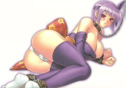 Rule 34 | 1girl, ankle cuffs, areola slip, ass, ayane (doa), bdsm, blush, breasts, cameltoe, chain, cleavage, cleft of venus, cuffs, dead or alive, feet, hairband, highres, huge breasts, iruma kamiri, large breasts, lying, nipple slip, nipples, panties, purple hair, red eyes, short hair, slave, solo, tabi, tecmo, thighhighs, underwear