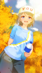 Rule 34 | 1girl, absurdres, autumn, autumn leaves, baseball cap, blue eyes, blue shirt, blue sky, blush, bottle, breasts, brown hair, check commentary, commentary, commentary request, day, eyelashes, fingernails, hat, highres, holding, holding bottle, looking at viewer, love live!, love live! sunshine!!, medium breasts, open mouth, outdoors, pants, shirt, short hair, sky, smile, solo, sportswear, sweat, t-shirt, tree, tropic-mango-juice, watanabe you