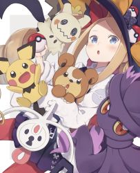 Rule 34 | 1girl, abigail williams (fate), black bow, black headwear, black skirt, blonde hair, blue eyes, blush, bow, creatures (company), crossover, drill hair, fate/grand order, fate (series), forehead, game freak, gen 2 pokemon, gen 4 pokemon, gen 6 pokemon, gen 7 pokemon, hair bow, hat, highres, klefki, long hair, long sleeves, looking at viewer, mimikyu, mismagius, nintendo, open mouth, orange bow, pantyhose, parted bangs, pichu, poke ball, poke ball (basic), pokemon, pokemon (creature), pokemon dppt, pokemon gsc, pokemon sm, pokemon xy, polka dot, polka dot bow, red bow, red pantyhose, shirt, skirt, teddiursa, totatokeke, twin drills, white shirt, witch hat